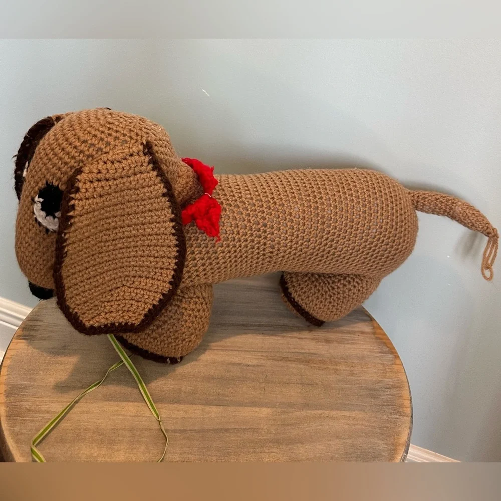 Handmade dachshund Holiday brown and black weenie dog with red collar crochet